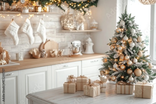 minimalist photo of cozy light kitchen decorated for Christmas 