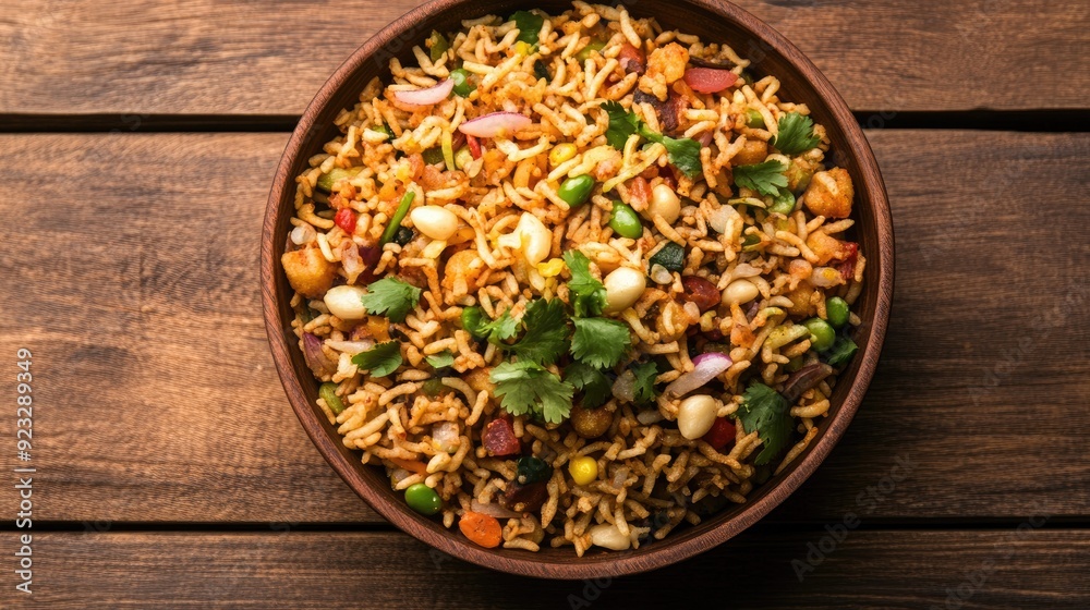 Top view of bhel puri with sev and papdi, copy space in the bottom half Top view of bhel puri with sev and papdi, copy space in the bottom half