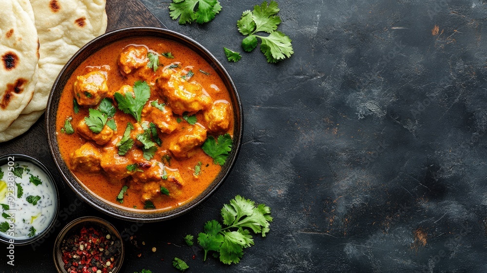 Top view of butter chicken in a bowl with naan bread on the side, copy space on the right side. Top view of butter chicken in a bowl with naan bread on the side, copy space on the right side.