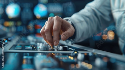 Futuristic control panel with numerous buttons being activated in a fast-paced, high-stakes environment.