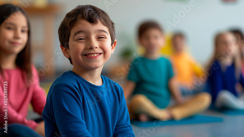 Smiling boy participating in adaptive physical education with friends, enjoying inclusive fitness activities, fostering social connection and physical well-being in children