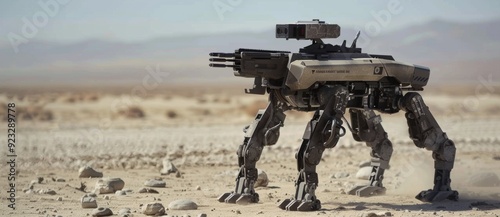Robot dog in modern warfare. Robotics drone at war.
Robotic quadruped armed with a gun on a desert battlefield, with tanks in the background. photo
