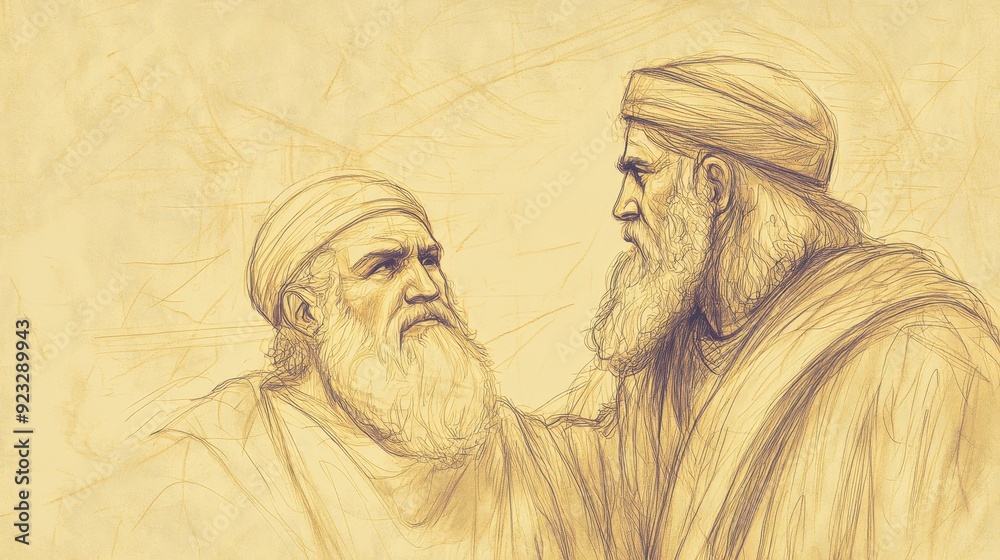 Naklejka premium Jehoshaphat Suggests Inquiring of the Lord Through Elisha for Guidance in the Moabite Rebellion, 2 Kings Biblical Illustration, Bible Wall Art, Beige Background