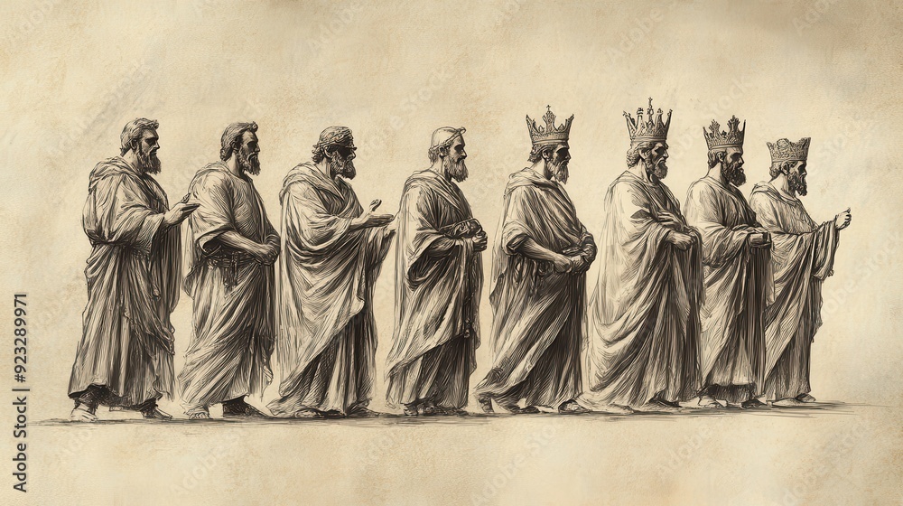 Fototapeta premium Biblical Illustration of Solomon’s Administrators: Governors Managing Provisions for the Royal Household, Coordinating Supplies, Beige Background