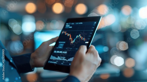 Wallpaper Mural Hands holding a tablet displaying a stock market chart with soaring green lines. Torontodigital.ca