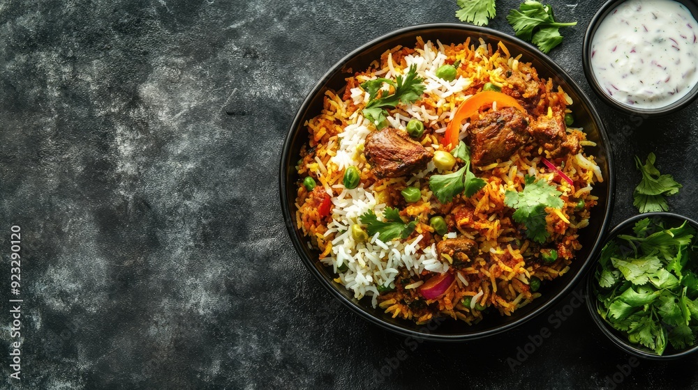 Top view of mutton biryani with raita and salad, ample copy space on the right side. Top view of mutton biryani with raita and salad, ample copy space on the right side.