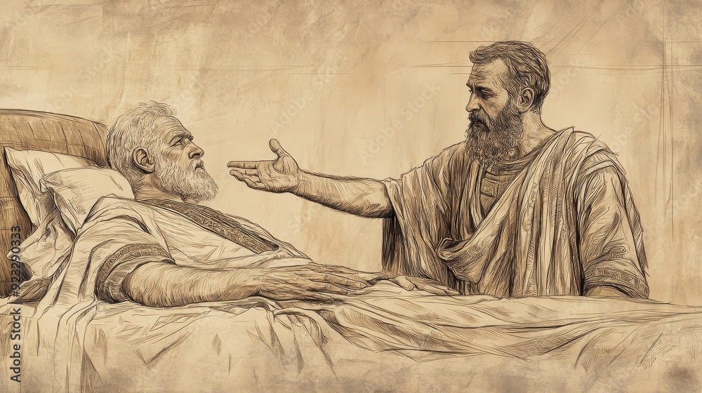 Fototapeta premium Jehoash Visits Elisha on His Deathbed, Seeking Guidance and Blessings from the Dying Prophet, 2 Kings Biblical Illustration, Bible Wall Art, Beige Background
