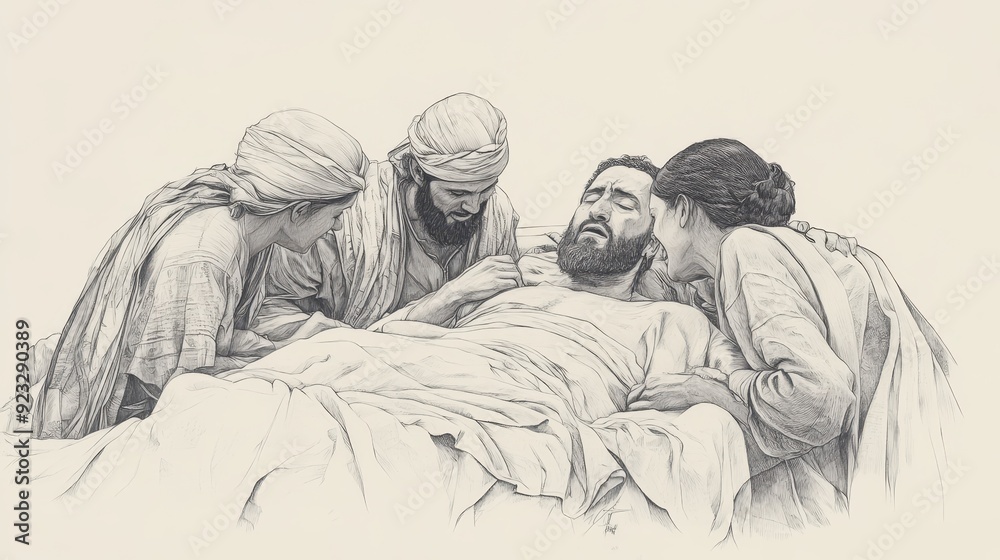 Obraz premium Jeroboam’s Family Gathers Around His Bedside, Weeping at His Death, 1 Kings Biblical Illustration, Bible Wall Art, Beige Background