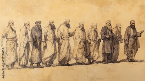 Biblical Illustration of Jehu Destroys the House of Ahab: Leaders of Samaria Presenting the Heads of Ahab’s Seventy Sons to Jehu in Jezreel, Beige Background