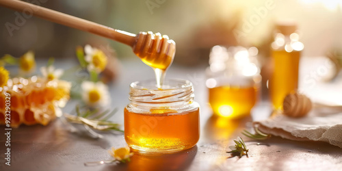 A jar of honey is poured into a smaller jar by AI generated image