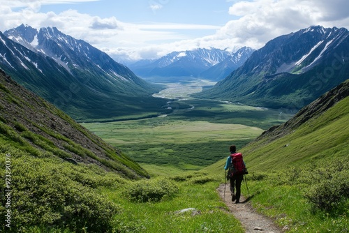 A lone hiker with a red backpack walks towards a green valley, surrounded by majestic snow-capped mountains under a cloudy sky, depicting a serene and adventurous journey in nature.