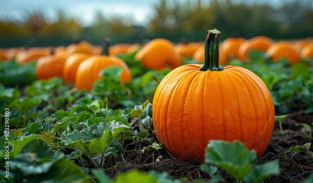 A field of pumpkins with one large orange pumpkin in the foreground. The pumpkins are surrounded by green leaves and the overall mood of the image is warm and inviting A field of pumpkins with one large orange pumpkin in the foreground. The pumpkins are surrounded by green leaves and the overall mood of the image is warm and inviting