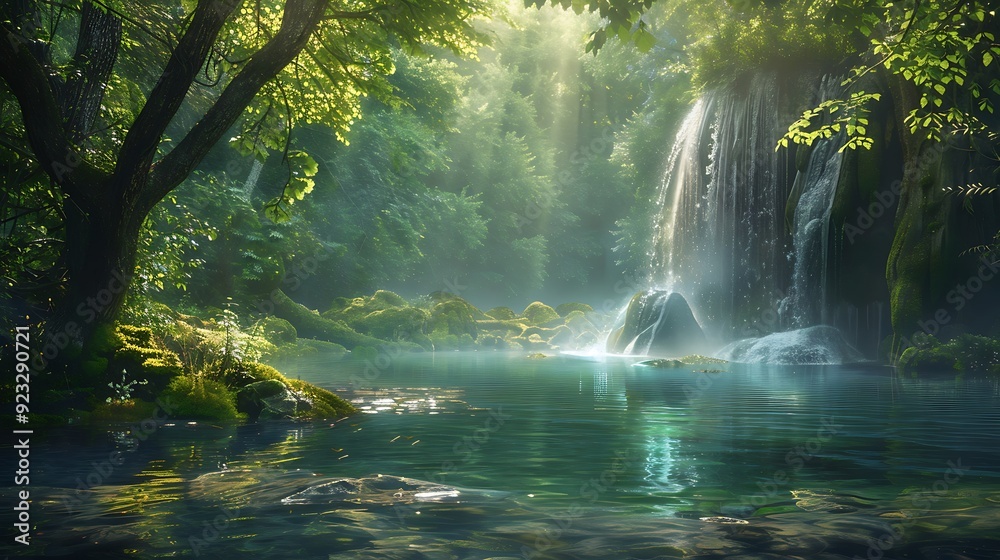 Waterfall in Lush Forest with Sunbeams Waterfall in Lush Forest with Sunbeams