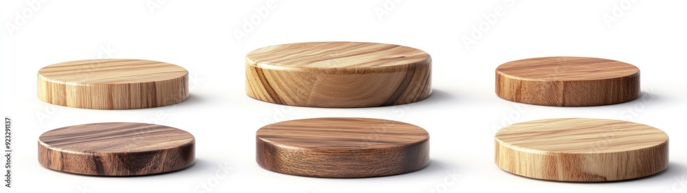 Six Circular Wooden Platforms on White Background Six Circular Wooden Platforms on White Background