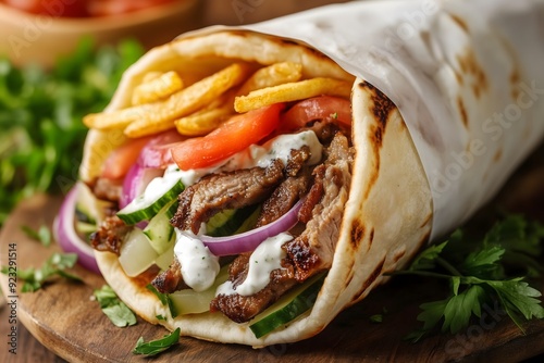 A close-up of a gyro served with crispy french fries photo