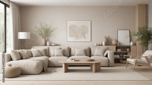 Design a modern living room that combines minimalist principles with organic elements