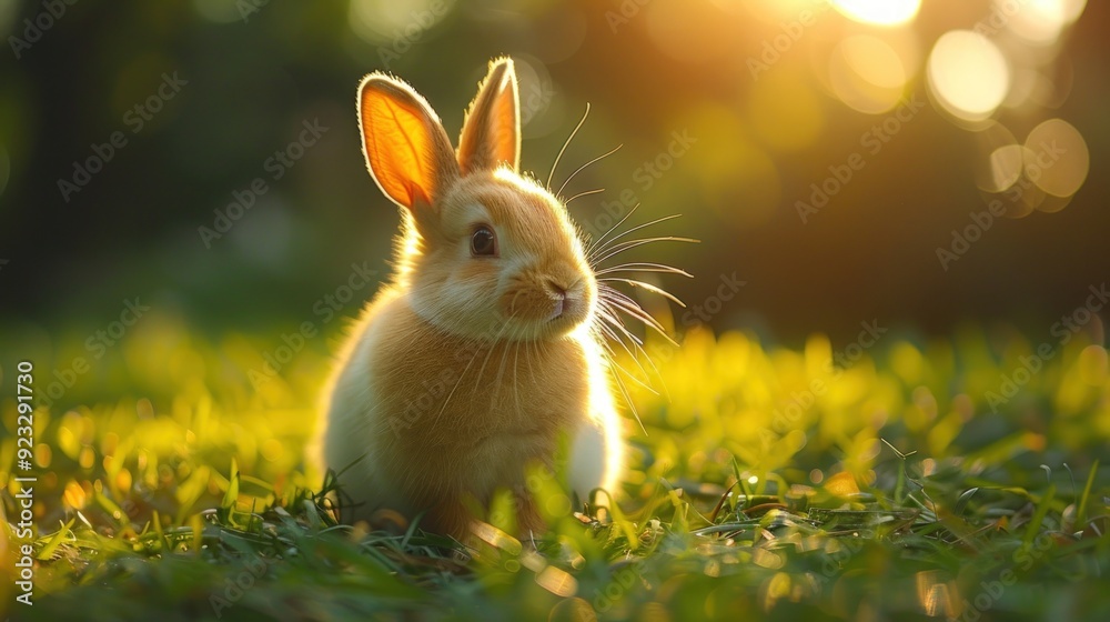 Fototapeta premium A cute bunny rabbit sits in a green grassy meadow, bathed in warm sunlight.