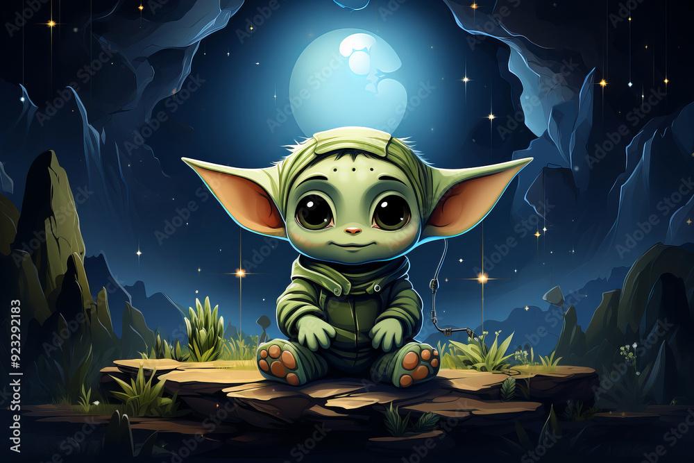 Obraz premium An illustration of a baby alien with large, expressive eyes, sitting peacefully on a rocky platform under a glowing moonlit sky.