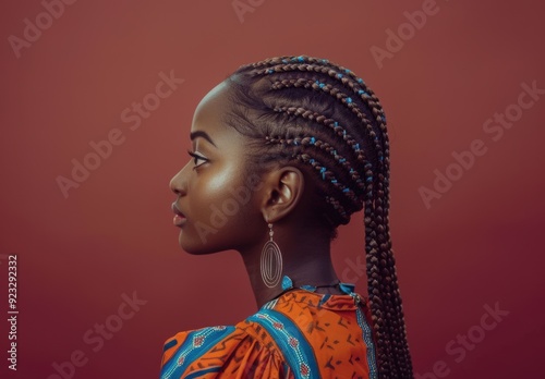 A portrait of an African woman with braided hair, wearing orange and blue against a plain maroon background. 
Woman with braided hair in vibrant colorsbackground. Diversity and inclusion. Pride photo