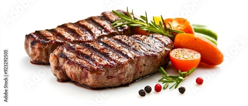 A perfectly grilled steak with grill marks and a side of garnished vegetables on a transparent background photo