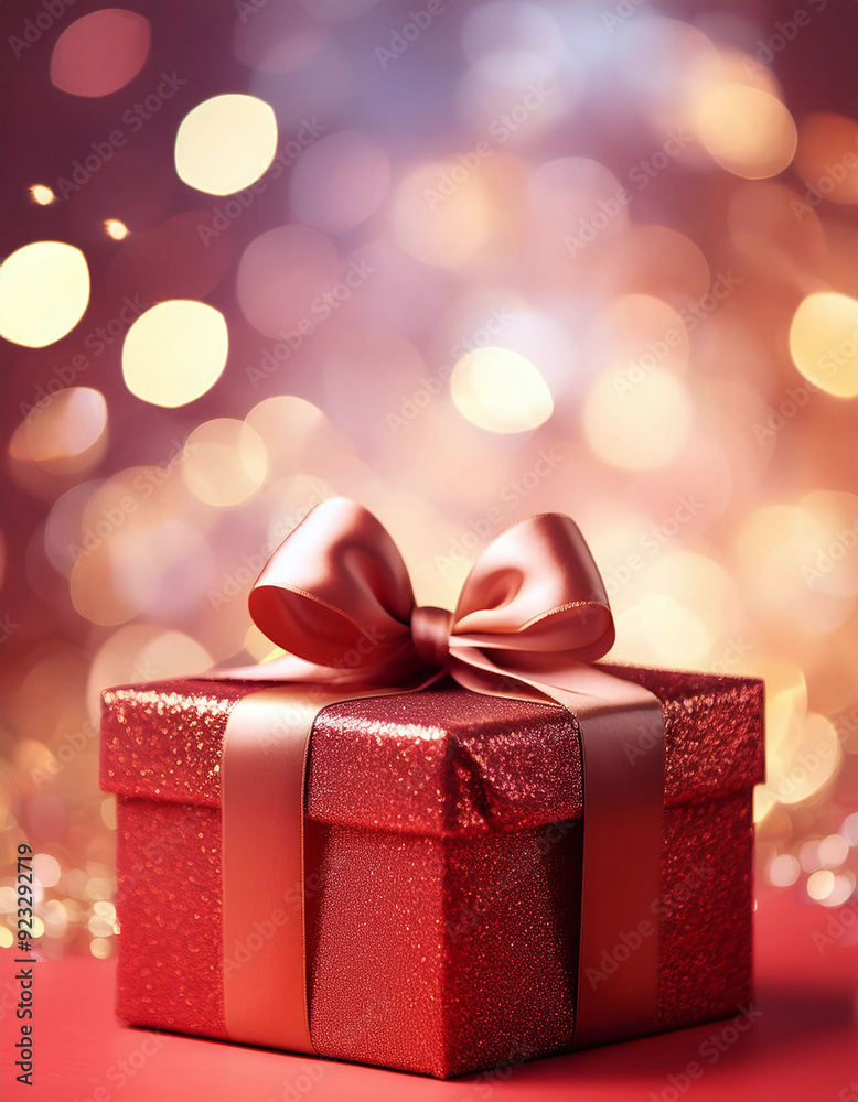 A glittery red gift box with a satin bow against a sparkling bokeh light background, perfect for celebrations A glittery red gift box with a satin bow against a sparkling bokeh light background, perfect for celebrations