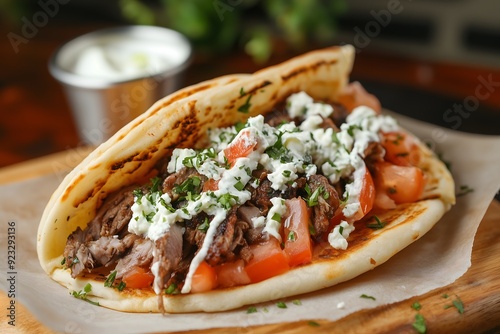 A greek gyro served at a restaurant