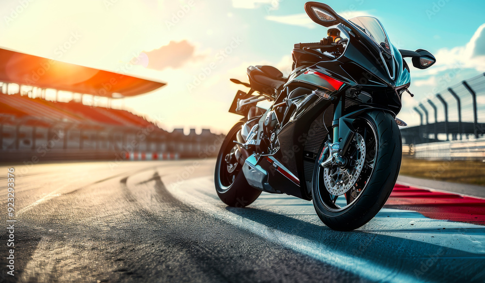 A black motorcycle is parked on a racetrack. The motorcycle is the main focus of the image, and it is a high-performance bike. The racetrack is empty, and the sun is shining brightly A black motorcycle is parked on a racetrack. The motorcycle is the main focus of the image, and it is a high-performance bike. The racetrack is empty, and the sun is shining brightly