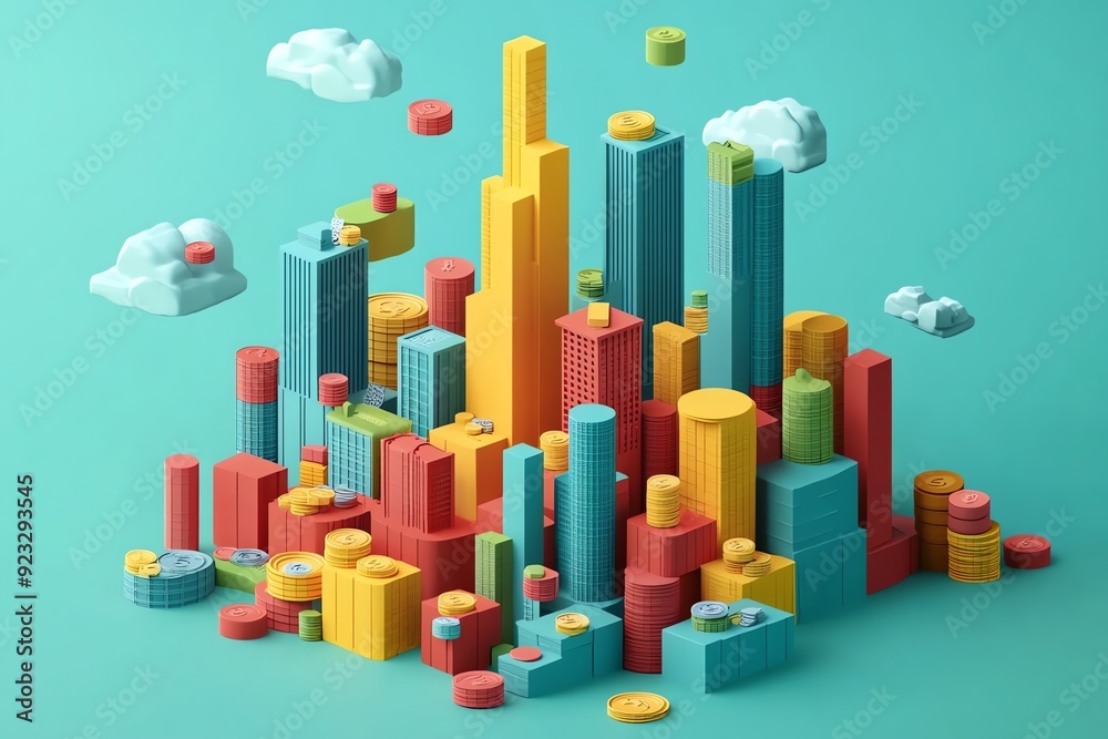 Colorful 3D Cityscape with Coins. Colorful 3D Cityscape with Coins.