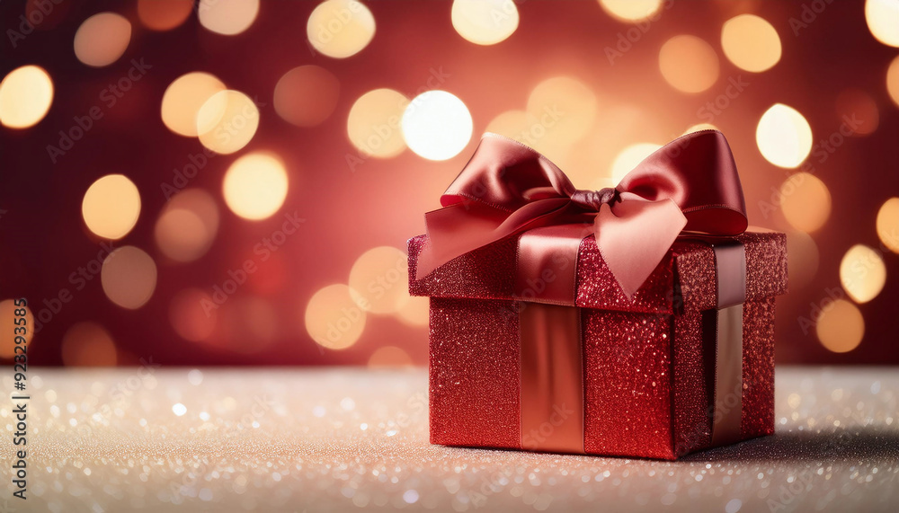A glittery red gift box with a satin bow against a sparkling bokeh light background, perfect for celebrations A glittery red gift box with a satin bow against a sparkling bokeh light background, perfect for celebrations