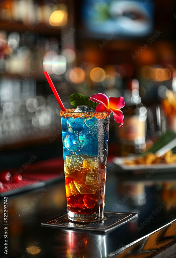 A colorful drink with a red straw and a flower on top. The drink is served in a tall glass and is placed on a coaster A colorful drink with a red straw and a flower on top. The drink is served in a tall glass and is placed on a coaster