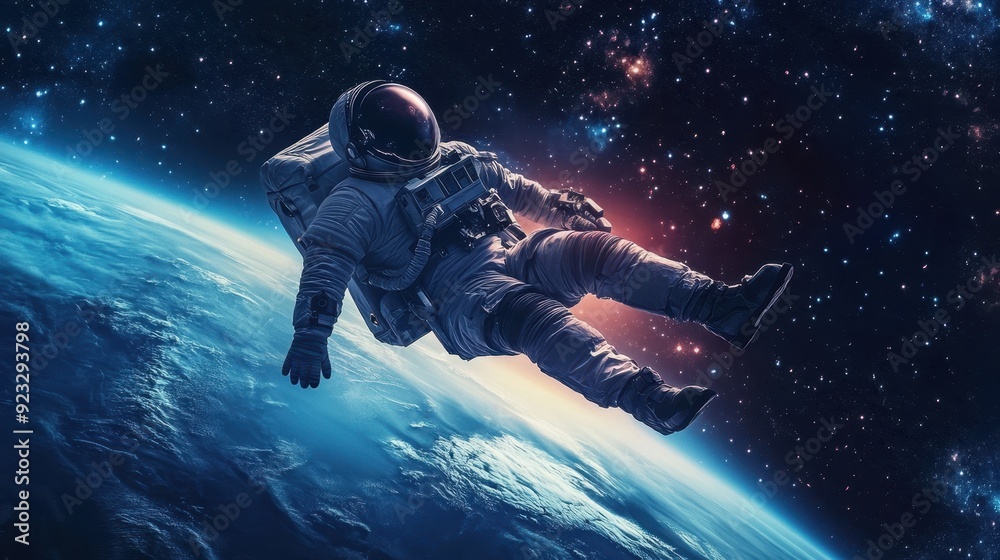 Astronaut floating freely in the void of space, Earth visible below ...