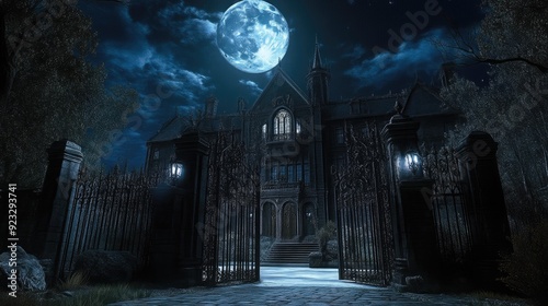 Spooky Gothic Manor at Night with Overgrown Gates photo