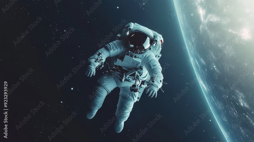 Astronaut floating freely in the void of space, Earth visible below ...