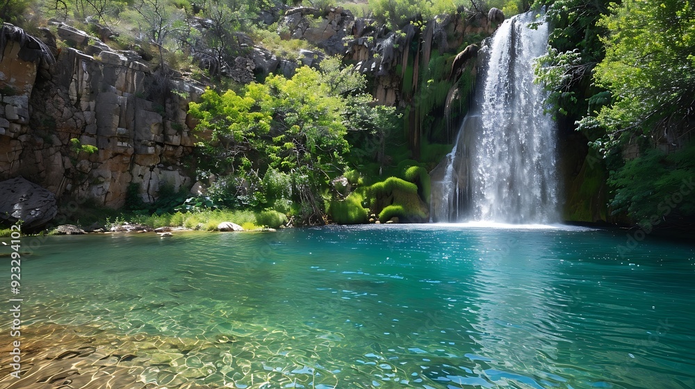 Serene Waterfall Plunging into Crystal-Clear Pool Serene Waterfall Plunging into Crystal-Clear Pool