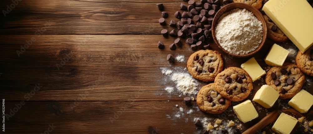 Freshly Baked Chocolate Chip Cookies with Ingredients on Rustic Wooden Table Freshly Baked Chocolate Chip Cookies with Ingredients on Rustic Wooden Table