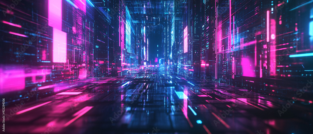 Fototapeta premium Futuristic Neon Cityscape with Blue and Pink Lights Digital Art Background, Futuristic Neon Cityscape with Blue and Pink Lights Digital Art