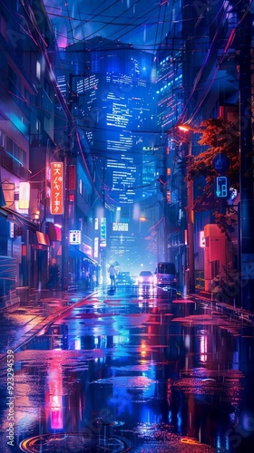 7 Neon-lit city street anime graffiti vibrant colors nighttime dramatic wide shot