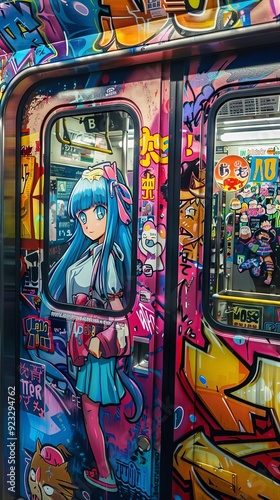 11 Colorful anime graffiti on subway walls vibrant urban setting rush hour close-up