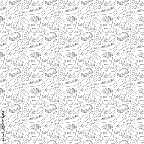 Seamless fast food pattern. fast food background. Doodle fastfood icons. Drawn food pattern