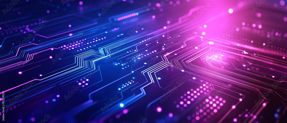 Abstract Futuristic Circuit Board with Neon Lights and Glowing Patterns, Abstract Futuristic Circuit Board with Neon Lights and Glowing P