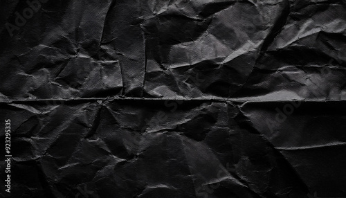 Close-Up of Textured Black Wrinkled Paper Background. Crumpled Surface with Deep Shadows and Fine Details. Dark-Themed Designs Abstract Visual Projects. Cinematic Poster Banner Background With Copy 