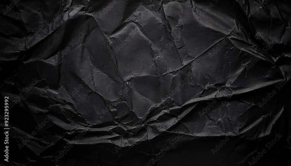 Close-Up of Textured Black Wrinkled Paper Background. Crumpled Surface with Deep Shadows and Fine Details. Dark-Themed Designs Abstract Visual Projects. Cinematic Poster Banner Background With Copy 