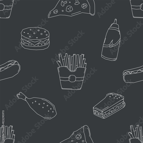 Seamless fast food pattern. fast food background. Doodle fastfood icons. Drawn food pattern