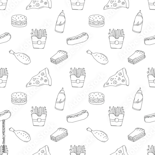 Seamless fast food pattern. fast food background. Doodle fastfood icons. Drawn food pattern