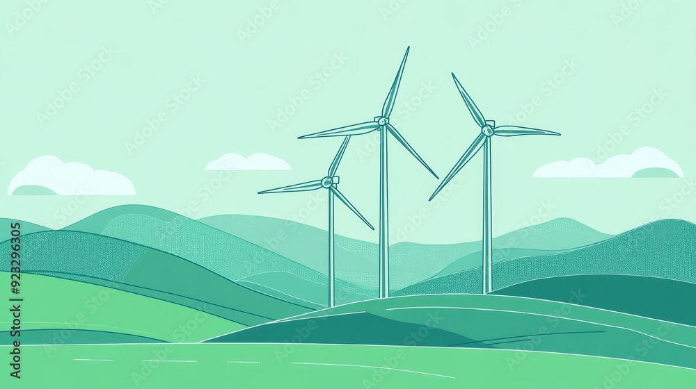 Fototapeta premium A simple illustration of wind turbines on a green hill, surrounded by clouds and birds, representing clean energy and environmental sustainability.