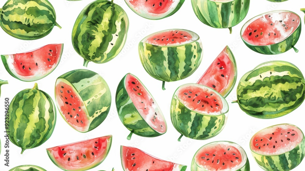 Realistic seamless pattern of watermelons with green leaves isolated on white. Ideal for fresh, juicy, and summer-themed designs. Realistic seamless pattern of watermelons with green leaves isolated on white. Ideal for fresh, juicy, and summer-themed designs.
