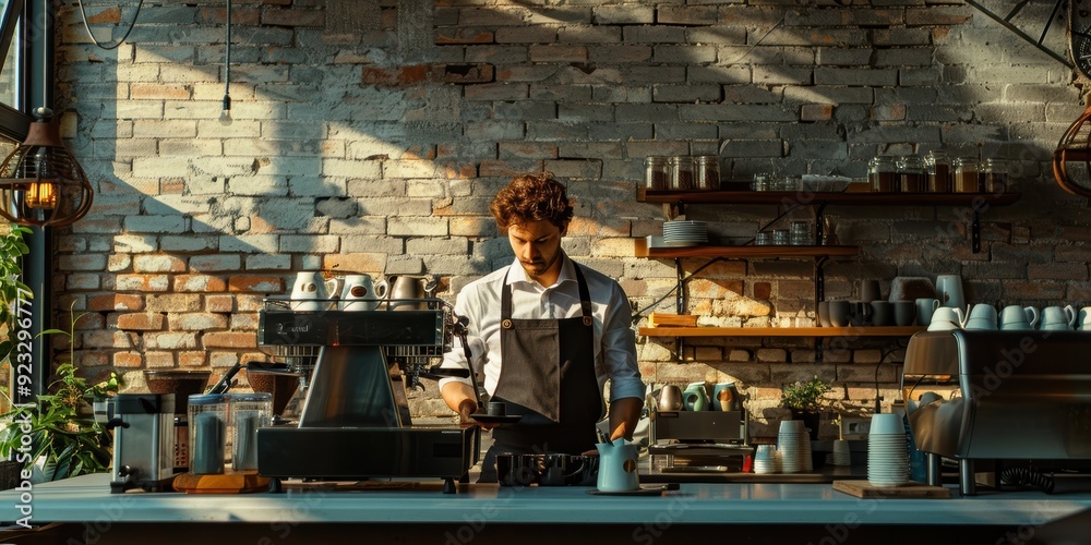 Young male barista with messy hair operating an espresso machine in a modern, industrial-style coffee shop. The environment is casual and bustling. Young male barista with messy hair operating an espresso machine in a modern, industrial-style coffee shop. The environment is casual and bustling.