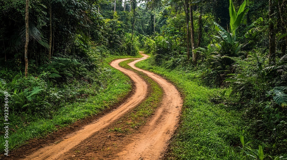Fototapeta premium A dirt road stretches through dense jungle vegetation, creating a path in the wild surroundings 