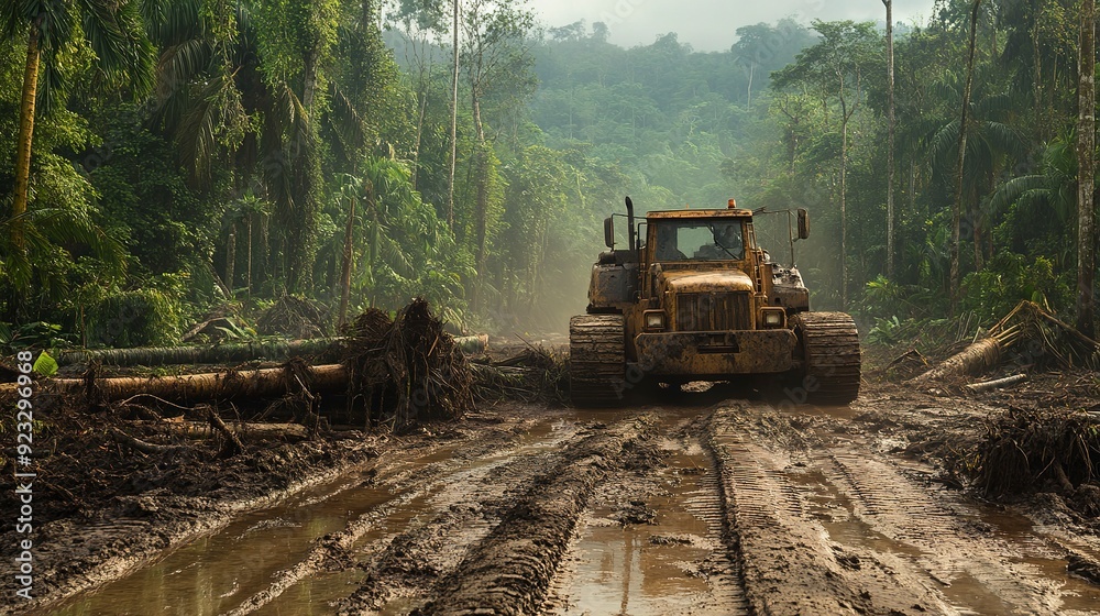 The aftermath of deforestation captured as muddy tracks converge on a heavy-duty machine standing amid toppled trees and stumps in a tropical setting. The aftermath of deforestation captured as muddy tracks converge on a heavy-duty machine standing amid toppled trees and stumps in a tropical setting.