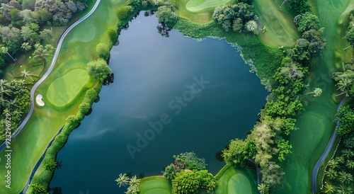 This stunning aerial view captures a lush golf course, showing its green lawns, sand bunkers, and a serene water hazard.